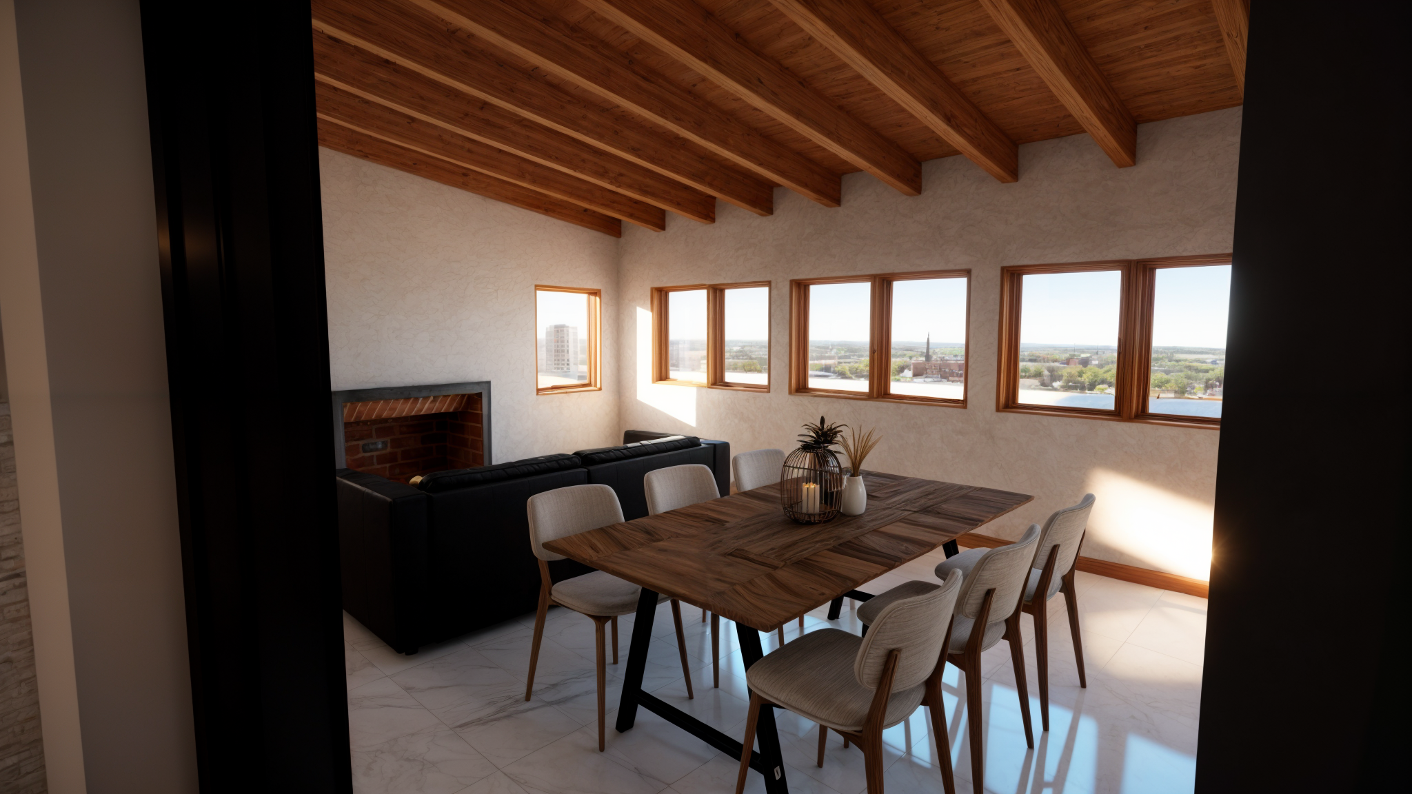 Proyecto F — interior comedor con vigas de madera